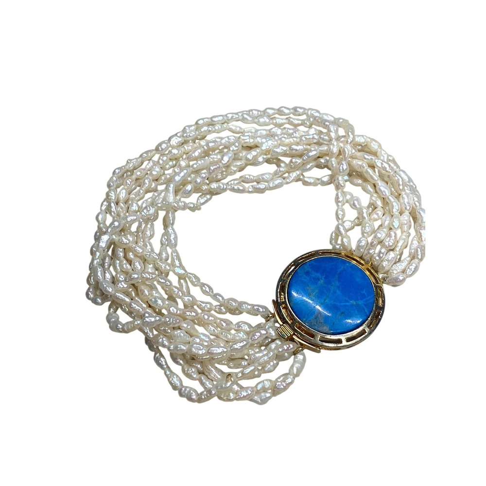 VINTAGE MULTI STRAND FRESH‎ WATER PEARL BRACELET 7.5" BLUE GEMSTONE CLASP